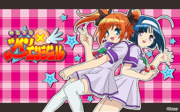 2girls :d ahoge bare_legs black_ribbon blue_hair blush bow bowtie breasts cherry_ornament commentary company_name copyright_logo cut_bangs feet_out_of_frame green_bow green_bowtie green_eyes hair_ribbon hairband hand_up highres kaitou_tenshi_twin_angel kannazuki_aoi knees_together_feet_apart large_breasts legs_together logo looking_at_viewer medium_hair minazuki_haruka_(twin_angel) multiple_girls official_art open_hand open_mouth orange_hair outline outside_border pink_background plaid_background pleated_skirt purple_eyes purple_sailor_collar purple_serafuku ribbon sailor_collar school_uniform serafuku short_hair short_sleeves skirt smile spread_fingers star_(symbol) star_symbol_background summer_uniform swept_bangs tareme thighhighs twin_angel twintails v waving white_hairband white_outline white_thighhighs zettai_ryouiki