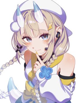 Rule 34 | 1girl, bare shoulders, blonde hair, blue bow, blue eyes, blue horns, blue tail, blush, bow, braid, closed mouth, detached sleeves, finger to mouth, from above, hair ornament, hair over shoulder, hashtag-only commentary, hat, headset, highres, horns, japanese clothes, kadou mikaru, kimono, lightning bolt, lightning bolt hair ornament, lightning bolt symbol, long sleeves, looking at viewer, low twin braids, multicolored horns, nail polish, nijisanji, ninngenn 0922, no jacket, obi bow, pom pom (clothes), pom pom hair ornament, puffy long sleeves, puffy sleeves, sidelocks, simple background, solo, twin braids, two-tone horns, two-tone tail, upper body, upturned eyes, virtual youtuber, white background, white bow, white hat, white horns, white kimono, white tail, x hair ornament, yellow bow, yellow nails