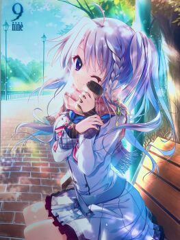 1girl 9-nine- absurdres ahoge belt bench black_socks blue_collar blue_sky braid closed_mouth coffee_mug collar commentary_request copyright_name cup dappled_sunlight day eyelashes fence frilled_skirt frills fringe_trim from_side green_ribbon grey_belt grey_hair hair_between_eyes hair_ribbon hand_on_own_wrist head_tilt highres holding holding_cup izumi_tsubasu jacket lamppost leaf long_hair long_sleeves looking_at_viewer miniskirt mug niimi_sora official_art on_bench one_eye_closed outdoors park path photo_(medium) plaid_clothes plaid_scarf pleated_skirt purple_eyes red_ribbon red_scarf ribbon road scarf school_uniform side_ponytail sidelighting sidelocks single_braid sitting skirt sky smile socks solo steam sunlight third-party_source tree very_long_hair watermark wavy_hair white_jacket white_skirt