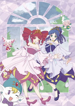 Rule 34 | 2girls, :o, anklet, aqua eyes, back bow, bare shoulders, beads, blue bow, blue dress, blue hair, blue shoes, blue sky, blue sleeves, border, bow, brooch, chili (pixiv 23103186), choker, cloud, commentary request, day, detached sleeves, dress, drill hair, eyelashes, fine (futagohime), fine (universal princess) (futagohime), frilled dress, frilled sleeves, frills, fushigiboshi no futago hime, gold choker, gold tiara, grass, hair beads, hair bun, hair ornament, half updo, happy, heart, heart brooch, high heels, highres, jewelry, light blush, long hair, looking at viewer, looking back, magical girl, medium dress, multiple girls, no socks, one eye closed, open mouth, outside border, pink bow, pink dress, pink eyes, pink hair, pink shoes, pink sleeves, pumps, purple border, rein (futagohime), rein (universal princess) (futagohime), shoes, siblings, single hair bun, sisters, sky, smile, star (symbol), star hair ornament, strapless, strapless dress, surprised, tareme, tree, twin drills, twins, twintails, wide sleeves, window