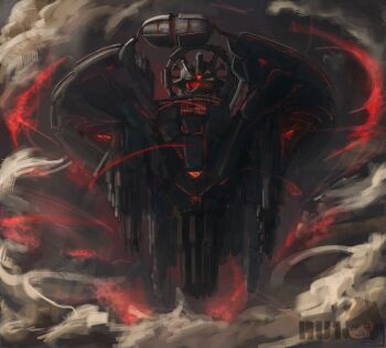 1girl artist_name black_clouds cloud cloud_ruan99543 cloudy_sky commentary dark_cloud day energy english_commentary facial_mark floating forehead_mark glowing glowing_eye goggles helmet highres lightning looking_at_viewer military_vehicle mothership_astro_toilet motor_vehicle no_humans outdoors red_eyes red_goggles red_lightning scenery skibidi_toilet_(series) sky storm storm_cloud tank