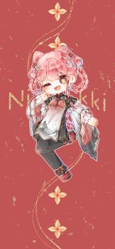 Rule 34 | 1girl, absurdres, black dress, black pantyhose, bling (infinity nikki), blunt bangs, boots, bow-shaped hair, braid, braided hair rings, brown eyes, character name, chibi, chinese commentary, commentary request, double bun, dress, eyelashes, frilled boots, frilled sleeves, frills, gradient clothes, hair bun, hair ornament, hair rings, hair tubes, hairclip, hand on own cheek, hand on own face, happy, highres, infinity nikki, layered sleeves, long sleeves, mountain print, nikki (nikki), nikki (series), one eye closed, open mouth, outline, pantyhose, pink hair, pleated dress, print tabard, red background, red boots, red tabard, shiguangbulao277, short dress, short hair with long locks, short over long sleeves, short sleeves, sidelocks, smile, solo, song beyond (infinity nikki), sparkling eyes, tabard, two-tone tabard, white outline, white tabard, wide sleeves