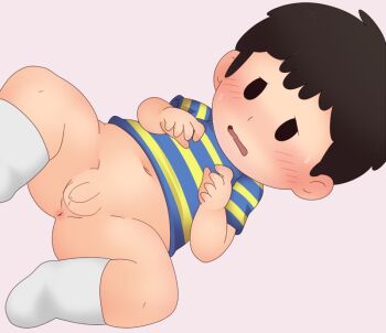 anus ass black_hair bottomless embarrassed groin huge_ass legs lying male_focus mother_(series) mother_2 ness_(mother_2) nintendo no_underwear penis perineum shirt shota sjsj_10 small_penis socks super_smash_bros. testicles