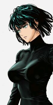 1girl black_dress black_hair breasts closed_mouth dress fubuki_(one-punch_man) green_eyes green_hair highres large_breasts lips long_sleeves one-punch_man ruby_anderson short_hair simple_background solo taut_clothes taut_dress turtleneck turtleneck_dress upper_body white_background