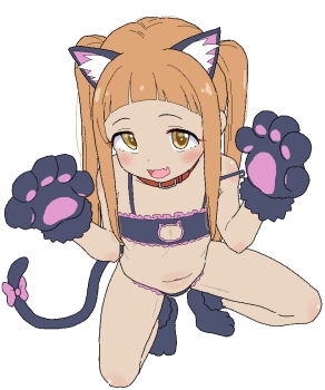 1girl animal_ears animal_hands belly belt_collar blush bra cat_cutout cat_lingerie choker clothing_cutout collar commentary_request cosplay fake_animal_ears fake_tail flat_chest frilled_bra frills ichihara_nina idolmaster idolmaster_cinderella_girls loli looking_at_viewer navel onii-chan_wa_oshimai! oyama_mahiro oyama_mahiro_(cosplay) solo squatting stomach tail takku underwear