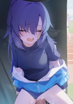 1boy 1girl against_wall blue_archive blue_jacketbreasts breasts buruma buruma_aside censored closed_eyes clothing_aside dot_nose gym_uniform halo heavy_breathing hetero jacket jacket_partially_removed light_blush long_hair medium_breasts mosaic_censoring off_shoulder official_alternate_costume open_mouth partially_unzipped penis ponytail pov pov_crotch purple_hair pussy_juice saliva sex shirt short_sleeves small_sweatdrop solo_focus standing standing_sex star_(symbol) star_sticker stealth_sex steam sticker sticker_on_face sweatdrop thighs track_jacket vaginal yuuka_(blue_archive) yuuka_(track)_(blue_archive)