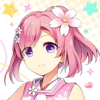 1girl archived_source bare_arms closed_mouth dot_nose flower hair_flower hair_ornament kazamatsuri_oka lowres moe!_ninja_girls moe!_ninja_girls_rpg official_art pink_hair portrait purple_eyes short_hair sleeveless smile solo star_(symbol)