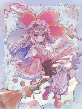 Rule 34 | 1girl, :3, animal, animal ears, bare shoulders, blue background, blunt bangs, blush, bow, bowtie, broom, broom riding, brown hair, brown skirt, cake, cake slice, closed mouth, commentary, detached sleeves, floppy ears, food, frilled skirt, frilled sleeves, frills, full body, hand up, high heels, highres, kneehighs, long hair, long sleeves, looking at viewer, original, pink shirt, pink shoes, pink sleeves, pleated skirt, rabbit, rabbit ears, red bow, red eyes, see-through clothes, see-through legwear, shirt, shoes, skirt, sleeve bow, sleeveless, sleeveless shirt, socks, solo, symbol-only commentary, tsukumi bis, twitter username, white bow, white bowtie, wide sleeves