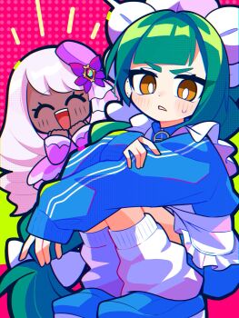 Rule 34 | 2girls, apron, blue jacket, blue track suit, blunt bangs, blush, braid, braided ponytail, brown eyes, closed eyes, commentary request, dark-skinned female, dark skin, dress, frilled apron, frills, gloves, green hair, hair ornament, highres, jacinthe (pokemon), jacket, jersey maid, lebanne (pokemon), leg warmers, long braid, long hair, long sleeves, looking at viewer, loose socks, maid, maid apron, maid headdress, multiple girls, nikoru, nintendo, open mouth, parted lips, pokemon, pokemon legends: z-a, purple dress, purple eyes, purple hair, shoes, socks, squatting, sweatdrop, track jacket, track suit, tsurime, unconventional maid, very dark skin, waist apron, white apron, white headdress, white leg warmers, white socks