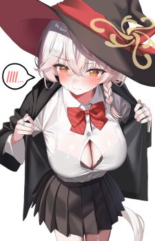 1girl absurdres black_bra black_coat black_hat black_skirt blue_archive blush bow bowtie bra bra_peek braid breasts brown_halo button_gap cleavage closed_mouth coat crossed_bangs drawing_flover eri_(blue_archive) hair_between_eyes halo hat highres jewelry large_breasts long_hair multiple_rings open_clothes open_coat opened_by_self orange_eyes pleated_skirt red_bow red_bowtie ring side_halo simple_background single_braid skirt solo spoken_blush thighs underwear white_background white_hair witch_hat