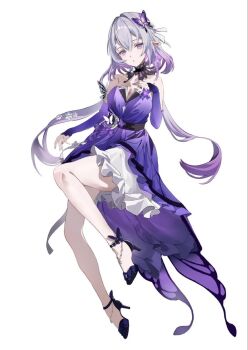 1girl armpit_crease bare_shoulders black_background breasts bug butterfly castorice_(gossamer_flutter)_(honkai:_star_rail) castorice_(honkai:_star_rail) commentary_request detached_collar detached_sleeves dress full_body hair_ornament hand_on_own_chest hand_up highres honkai:_star_rail honkai_(series) insect large_breasts long_hair low_twintails mochalatte25253 official_alternate_costume parted_lips pointy_ears purple_dress purple_eyes purple_hair simple_background smile solo twintails upper_body very_long_hair