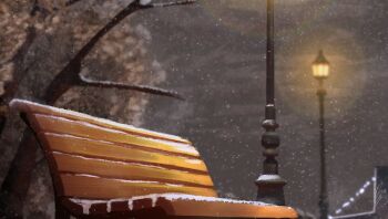 bench commentary highres lamppost no_humans original outdoors painterly scenery sky snowing symbol-only_commentary tree winter wolfaroon