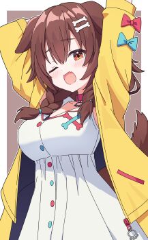 1girl absurdres animal_ears blush bone_hair_ornament border braid breasts brown_background brown_hair commentary_request dog_ears dog_girl dog_tail dress fang hair_ornament highres hololive inugami_korone inugami_korone_(1st_costume) jacket kaie large_breasts long_hair long_sleeves looking_at_viewer one_eye_closed open_clothes open_jacket open_mouth outline outside_border simple_background skin_fang solo tail twin_braids upper_body virtual_youtuber white_border white_dress white_outline yellow_jacket