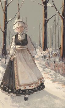 1girl alternate_costume apron bare_tree black_shoes closed_eyes closed_mouth day dress eyelashes floral_print forest full_body green_dress happy hatsburg headscarf highres jewelry key letty_whiterock light_smile long_sleeves nature necklace nostrils outdoors pinafore_dress pleated_dress print_apron print_dress puffy_long_sleeves puffy_sleeves realistic russian_clothes shadow shirt shoes short_hair skirt_hold sleeveless sleeveless_dress snow socks solo touhou tree triangular_headpiece turtleneck turtleneck_shirt waist_apron walking white_apron white_hair white_headscarf white_shirt white_socks winter