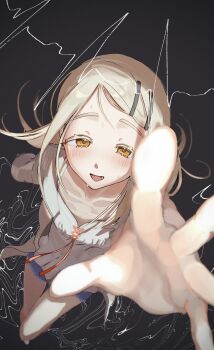 1girl black_background blonde_hair blue_shorts blush breasts camisole collarbone colored_eyelashes commentary_request denim denim_shorts foreshortening from_above full_body gakuen_idolmaster grey_robe hair_ornament hairclip highres idolmaster long_hair looking_at_viewer mekurume_(idolmaster) open_clothes open_hand open_mouth open_robe orange_eyes orange_ribbon parallel_hairclips ponkichi0327 reaching reaching_towards_viewer ribbon robe shinosawa_hiro shorts small_breasts smile solo sweat swept_bangs white_camisole