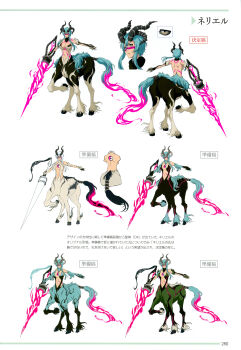 1girl absurdres alternate_universe arrancar ass back beach black_sclera bleach bleach:_brave_souls breasts brown_eyes centaur colored_sclera concept_art demon_girl demon_horns elbow_gloves facial_mark full_body gloves green_eyes green_hair hair_between_eyes hair_ornament highres holding holding_lance holding_polearm holding_weapon horns lance large_breasts long_hair looking_at_viewer multiple_views navel nelliel_tu_odelschwanck official_art open_mouth outdoors outstretched_arms parted_lips polearm reference_sheet resurreccion scan simple_background skull_hair_ornament skull_on_head smile standing tail taur translation_request weapon white_background wide_hips