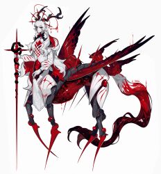 Rule 34 | 1girl, absurdres, animal ears, antlers, black horns, colored skin, crrn, feathered wings, from side, full body, half updo, halo, highres, holding, holding staff, horns, jacket, long hair, looking at viewer, monster girl, multicolored hair, multiple halos, multiple wings, original, pelvic curtain, red eyes, red hair, red nails, red wings, simple background, smile, solo, spikes, staff, tail, taur, twitter username, two-tone hair, white background, white hair, white jacket, white skin, wings