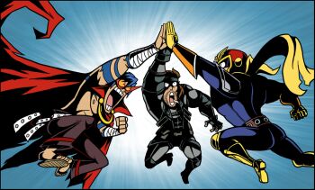 00s 3boys beard blue_background cape captain_falcon captainosaka cigarette crossover epic f-zero facial_hair headband helmet high_five image_sample kamina_(ttgl) kamina_shades konami male_focus manly metal_gear_(series) metal_gear_solid multiple_boys multiple_crossover nintendo pouch scarf solid_snake sunglasses tattoo tengen_toppa_gurren_lagann topless_male triangular_eyewear