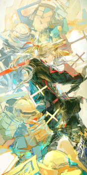 1boy absurdres animal_ears arknights arknights:_endfield armor black_coat black_pants buttons coat commentary cowboy_shot double-breasted english_commentary gloves highres holding holding_sword holding_weapon ichika_(ichika87) long_hair looking_at_viewer male_focus pants parted_lips pogranichnik_(arknights) ponytail sheath solo sword two-tone_background unsheathing weapon white_background white_gloves white_hair yellow_background yellow_eyes