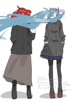 2girls absurdres ahoge black_boots black_pantyhose blue_hair blue_skirt boots brown_shoes closed_eyes coat drill_hair facing_viewer grey_coat grey_skirt hair_over_another&#039;s_face hands_in_pockets hatsune_miku highres kasane_teto kasane_teto_(utau) loafers long_hair multiple_girls pantyhose red_hair shoes skirt standing twin_drills twintails uranosebi utau very_long_hair vocaloid wind winter_clothes