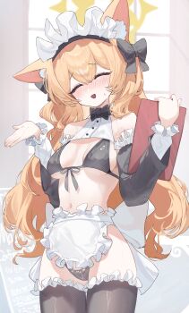 1girl absurdres animal_ears apron bikini black_bikini black_bow black_sleeves black_thighhighs blue_archive bow breasts closed_eyes commentary cowboy_shot detached_sleeves english_commentary fox_ears fox_girl frilled_apron frilled_thighhighs frills front-tie_bikini_top front-tie_top hair_bow halo head_tilt highres holding holding_menu indoors kabedoru long_hair long_sleeves maid maid_bikini maid_headdress mari_(blue_archive) medium_breasts menu navel open_mouth orange_hair sideboob solo standing swimsuit thighhighs unconventional_maid underboob waist_apron white_apron window yellow_halo