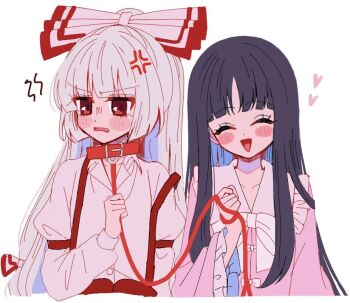 2girls anger_vein angry animal_collar black_hair bow bowtie closed_eyes collar collared_shirt commentary_request facing_viewer frilled_shirt_collar frilled_sleeves frills fujiwara_no_mokou grey_hair hair_bow heart holding holding_leash houraisan_kaguya leash long_hair long_sleeves multiple_girls open_mouth paint_chat_(medium) pink_shirt red_collar red_eyes shirt smile suspenders tamiko_(tamik0224) touhou very_long_hair white_bow white_bowtie white_shirt wide_sleeves yuri