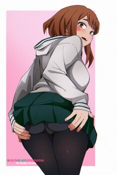 1girl absurdres animanghayo artist_name ass ass_focus black_pantyhose blush blush_stickers boku_no_hero_academia border brown_hair clip_studio_paint_(medium) commentary cowboy_shot from_behind green_skirt grey_jacket hands_on_own_ass highres hood hood_down hooded_jacket jacket looking_at_viewer looking_back outside_border paid_reward_available panties panties_under_pantyhose pantyhose parted_lips pink_background pleated_skirt school_uniform simple_background skirt solo standing subscribestar_username thighs u.a._school_uniform underwear uraraka_ochako watermark web_address white_border