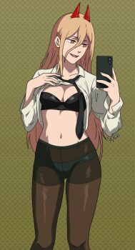 1girl artist_name black_bra black_necktie black_panties blonde_hair bra breasts brown_pantyhose chainsaw_man collarbone collared_shirt commentary cowboy_shot english_commentary gradient_background hair_behind_ear hair_between_eyes highres horns knees lifting_own_clothes long_hair looking_at_phone medium_breasts mirror_selfie navel necktie open_mouth panties pantyhose phone polka_dot polka_dot_background power_(chainsaw_man) red_eyes red_horns selfie shirt signature solo stomach symbol-shaped_pupils tiyamamashuu underwear white_shirt