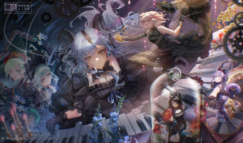 6+girls animal_ears arknights ascot ave_mujica_(bang_dream!) bang_dream! bang_dream!_it&#039;s_mygo!!!!! bare_shoulders bell_jar black_ascot black_bonnet black_boots black_dress black_gloves black_hair black_horns black_ribbon blonde_hair blue_eyes blue_flower blue_hair bonnet boots breasts cat_ears cat_girl cat_tail chinese_commentary closed_mouth commentary_request curled_horns detached_collar different_reflection dog_girl dress floating_hair flower frilled_dress frills gears glass_shards gloves gothic_lolita green_hair hair_ornament hair_ribbon hat highres horns instrument jumping kemonomimi_mode keyboard_(instrument) lolita_fashion long_hair looking_at_viewer medium_hair mini_person minigirl mirror misumi_uika misumi_uika_(caged_singer) mortis_(bang_dream!) mortis_(costume)_(bang_dream!) mortis_(persona)_(bang_dream!) multiple_girls music mxd_taolifly outstretched_arm phonograph playing_instrument purple_eyes purple_hair rabbit_ears reflection ribbon short_hair sidelocks smile spider_lily standing tail togawa_sakiko togawa_sakiko_(master_of_melodia) two_side_up unworn_hat unworn_headwear wakaba_mutsumi wakaba_mutsumi_(marionette&#039;s_id) wolf_ears wolf_girl x_hair_ornament yahata_umiri yahata_umiri_(moonlight_executioner) yellow_eyes yuutenji_nyamu yuutenji_nyamu_(magician_of_passion)