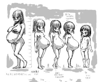 5girls age_difference belly belly_hold breasts chart female_focus flat_chest huge_areolae huge_breasts large_breasts loli mature_female monochrome multiple_girls multiple_pregnant murasame_maru nipples nude pregnant pregnant_child pregnant_loli sketch small_breasts standing tagme text_focus thighs
