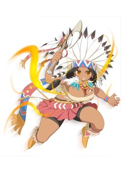 1girl armor aura axe belt bike_shorts bike_shorts_under_skirt boots border breasts brown_belt brown_boots brown_eyes brown_hair card_(medium) claw_pose cleavage dark-skinned_female dark_skin energy feather_hair_ornament feathers fringe_trim greaves hair_ornament hairclip headdress holding holding_axe large_breasts long_hair looking_at_viewer low-tied_long_hair low_twintails matsuri_(senran_kagura) multicolored_scarf native_american native_american_clothes native_american_headdress official_art pink_skirt scarf senran_kagura senran_kagura_new_wave simple_background skirt solo studded_belt teeth tiger_mask_(object) tomahawk twintails upper_teeth_only warbonnet white_background
