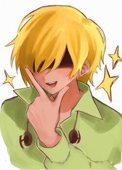 1boy :d blonde_hair collared_shirt commentary_request cropped_torso dark-skinned_male dark_skin earbuds earphones earphones_around_neck facing_viewer from_above green_shirt hair_over_eyes hand_on_own_chin hand_up highres index_finger_raised long_sleeves male_focus mikhael_(omori) no_eyes omori open_mouth puffy_long_sleeves puffy_sleeves round_teeth shaded_face shirt short_hair simple_background smile solo sparkle teeth tongue upper_teeth_only waiwaisiyo_ze white_background