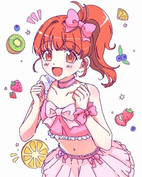 1girl :d bare_shoulders blueberry bow choker clenched_hands food fruit hair_bow hands_up harune_aira highres kiwi_(fruit) ku_(kuooss) lemon lemon_slice long_hair looking_at_viewer navel notice_lines open_mouth orange_hair pink_choker pink_shirt pink_skirt pretty_rhythm pretty_rhythm_aurora_dream pretty_series red_eyes red_hair shirt side_ponytail simple_background skirt smile solo standing strawberry white_background