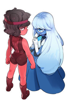 2girls ass from_behind blue_eyes blue_hair blue_skin boots clenched_hands collar colored_skin commentary covered_navel dress english_commentary headband looking_back multiple_girls one-eyed own_hands_clasped own_hands_together petite red_eyes red_headband red_skin ruby_(steven_universe) sapphire_(steven_universe) shortstack simple_background standing steven_universe white_background yutaka7