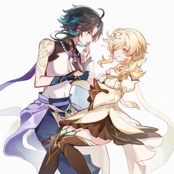 Rule 34 | 1boy, 1girl, arm tattoo, bare shoulders, beads, black hair, blonde hair, boots, commentary request, couple, detached sleeves, dress, facial mark, forehead mark, genshin impact, green hair, hand grab, hand on another's mouth, heart, hetero, highres, hoxino, lumine (as heaven and earth are made anew) (genshin impact), lumine (genshin impact), multicolored hair, official alternate costume, one eye closed, streaked hair, tattoo, thigh boots, white background, xiao (genshin impact), yellow eyes