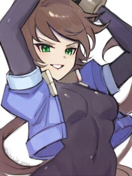 1girl aile_(mega_man_zx) arms_up black_bodysuit blue_jacket bodysuit breasts brown_hair cropped_jacket green_eyes jacket long_hair medium_breasts mega_man_(series) mega_man_zx mega_man_zx_advent parted_lips ponytail simple_background smile solo upper_body white_background whiteabsol