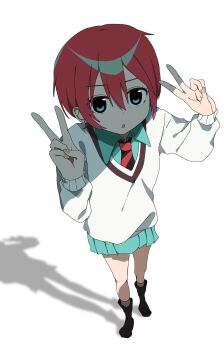 1girl :o amate_yuzuriha aqua_eyes aqua_skirt black_necktie black_shoes collared_shirt from_above gundam gundam_gquuuuuux highres necktie open_mouth red_hair red_necktie shadow shirt shoes short_hair skirt solo two-tone_necktie uuuuua07 v white_background white_shirt