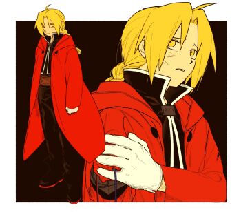 Rule 34 | amputee, arm up, armless amputee, belt, black background, black pants, blonde hair, border, brown belt, coat, collared shirt, edward elric, full body, fullmetal alchemist, gloves, highres, hood, hood down, hooded coat, long hair, long sleeves, looking to the side, ls182 520, multiple views, pants, parted hair, parted lips, popped collar, red coat, shirt, sideways glance, white border, white gloves, yellow eyes