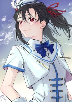 Rule 34 | 1girl, black hair, blue bow, blue bowtie, bow, bowtie, closed mouth, commentary request, day, hair ribbon, hat, highres, jacket, love live!, love live! school idol project, outdoors, red eyes, red ribbon, ribbon, school uniform, smile, solo, surfacedxxc, twintails, white hat, white jacket, yazawa nico