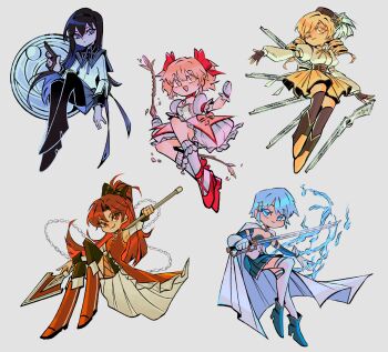 5girls akemi_homura akemi_homura_(magical_girl) black_bow black_hair black_skirt black_thighhighs blonde_hair blue_boots blue_eyes blue_hair boots bow bow_(weapon) breasts cape closed_mouth detached_sleeves dress drill_hair fingerless_gloves floating full_body gloves grey_background gun hair_between_eyes hair_bow hair_ornament hairclip hat highres holding holding_bow_(weapon) holding_gun holding_polearm holding_sword holding_weapon jacket kaname_madoka kaname_madoka_(magical_girl) lemolunes long_hair magical_girl mahou_shoujo_madoka_magica medium_breasts miki_sayaka miki_sayaka_(magical_girl) mini_hat multiple_girls open_mouth pink_eyes pink_hair polearm ponytail puffy_short_sleeves puffy_sleeves purple_eyes red_boots red_bow red_dress red_hair red_shoes sakura_kyoko sakura_kyoko_(magical_girl) shoes short_hair short_sleeves short_twintails skirt smile socks sword thighhighs tomoe_mami tomoe_mami_(magical_girl) twin_drills twintails weapon white_cape white_gloves white_jacket white_sleeves white_socks white_thighhighs x_hair_ornament yellow_eyes yellow_skirt