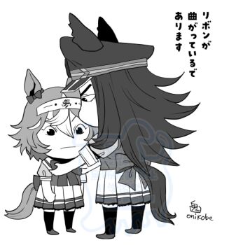 Rule 34 | 2girls, animal ears, bow, bowtie, chibi, chibi only, closed mouth, commentary request, fenomeno (umamusume), flipped hair, full body, greyscale, hair between eyes, hat, horse ears, horse girl, horse tail, long hair, looking at another, monochrome, multiple girls, onikobe rin, peaked cap, pleated skirt, school uniform, shinko windy (umamusume), shoes, short hair, short sleeves, simple background, skirt, spiked hair, summer uniform, tail, thighhighs, tracen school uniform, translation request, umamusume, watermark