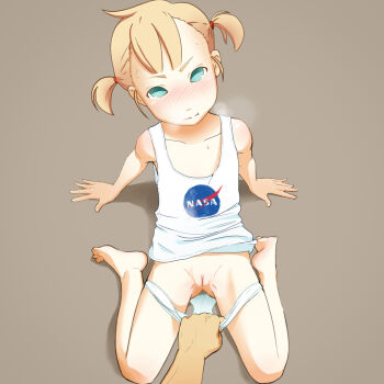 1boy 1girl age_difference anger_vein annoyed arm_support barefoot blonde_hair blue_eyes blush censored commentary english_commentary english_text father_and_daughter feet flat_chest gluteal_fold grey_background groin highres incest leaning_back legs loli looking_at_viewer monchichiwa mosaic_censoring no_pants original panties panty_pull pout pov print_tank_top pulling_another's_clothes pussy short_hair short_twintails simple_background sitting tank_top thighs toes twintails underwear white_panties white_tank_top