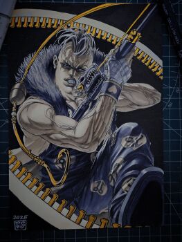 1boy art_tools_in_frame bandaged_arm bandages beach_boy_(stand) clenched_teeth coat commentary dated english_commentary fishing_rod fur-trimmed_coat fur_trim heart_ornament highres holding hook jojo_no_kimyou_na_bouken limited_palette male_focus marker_(medium) maya_panda muscular muscular_male pants pesci photo_(medium) skull solo teeth traditional_media veins veiny_arms vento_aureo weapon wristband zipper_pull_tab