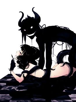 anal ass black_hair blush devil empty_eyes gloves high_contrast highres horns licking male_penetrated monster original saliva sex short_hair shota stickysheep tentacles third-party_edit tongue trap yaoi yellow_eyes