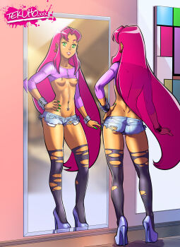 colored_sclera dark-skinned_female dark_skin dc_comics green_eyes green_sclera long_hair looking_at_viewer mirror navel_piercing piercing starfire teen_titans tekuho_no_habo thighhighs torn_clothes torn_legwear