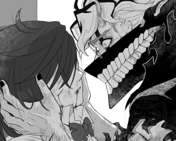 1boy 1girl ayase_momo battle_damage black_nails bleeding blood blood_from_mouth bow bowtie bruise bruise_on_arm bruise_on_face collared_shirt commentary_request cuts dandadan facial_mark from_side gakuran glasses greyscale hair_over_eyes hands_on_another's_head injury korean_commentary looking_at_another mask medium_hair monochrome mouth_mask parted_lips profile school_uniform shirt short_hair takakura_ken_(dandadan) takakura_ken_(transformed)_(dandadan) torn_clothes transformation upper_body wolf6481