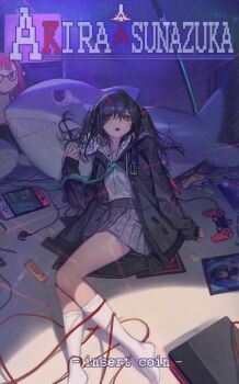 1girl absurdres black_hair black_jacket black_sweater braid cable character_doll chips_(food) chyan controller diagonal-striped_clothes diagonal-striped_neckwear doll drawstring female_focus flat_chest food game_console green_neckwear highres hood hood_down idolmaster idolmaster_cinderella_girls idolmaster_cinderella_girls_starlight_stage ikea_shark jacket joystick laser laser_pointer laser_pointer_projection laser_sight long_hair mole mole_under_eye open_mouth potato_chips school_uniform sharp_teeth skirt snack socks solo striped_clothes striped_neckwear stuffed_animal stuffed_shark stuffed_toy sunazuka_akira sweater teeth twin_braids twintails video_game yellow_eyes