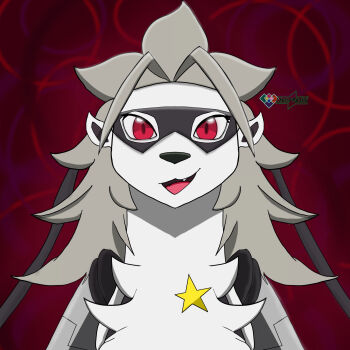 Rule 34 | digimon, digimon (creature), fang, looking at viewer, mask, red eyes, smile, star (symbol), uxernobi, wolvermon