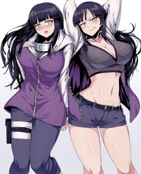 1girl blush breasts cleavage fishnets forehead_protector gradient_background grey_background hyuuga_hinata hyuuga_hinata_(naruto:_road_to_ninja) jacket konohagakure_symbol large_breasts long_hair looking_at_viewer multiple_views naruto:_road_to_ninja naruto_(series) naruto_shippuuden navel open_clothes open_jacket shimure_(460) shiny_skin short_shorts shorts simple_background white_background zipper_pull_tab