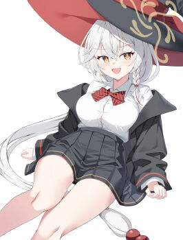 1girl black_hat black_jacket black_skirt blue_archive blush bow bowtie braid breasts button_gap buttons collared_shirt commentary_request crossed_bangs diagonal-striped_bow diagonal-striped_bowtie diagonal-striped_clothes eri_(blue_archive) gold_trim hair_between_eyes halo hat hat_ribbon highres invisible_chair jacket large_breasts long_hair long_sleeves looking_at_viewer multicolored_hair open_clothes open_jacket open_mouth pleated_skirt red_bow red_bowtie red_streaks red_trim ribbon shirt shirt_tucked_in side_halo simple_background single_braid sitting skirt smile sob_(submar1089) solo streaked_hair striped_bow striped_bowtie striped_clothes thighs two-sided_fabric two-sided_headwear very_long_hair white_background white_hair white_shirt witch witch_hat yellow_eyes yellow_halo